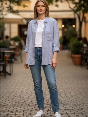 UNTUCKit Blue and White Striped Linen Shirt